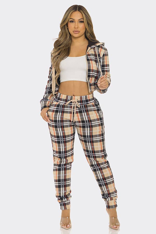 2 Pcs Plaid Zipper Hoodie Top and Jogger Pants Set