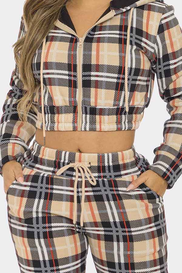 2 Pcs Plaid Zipper Hoodie Top and Jogger Pants Set