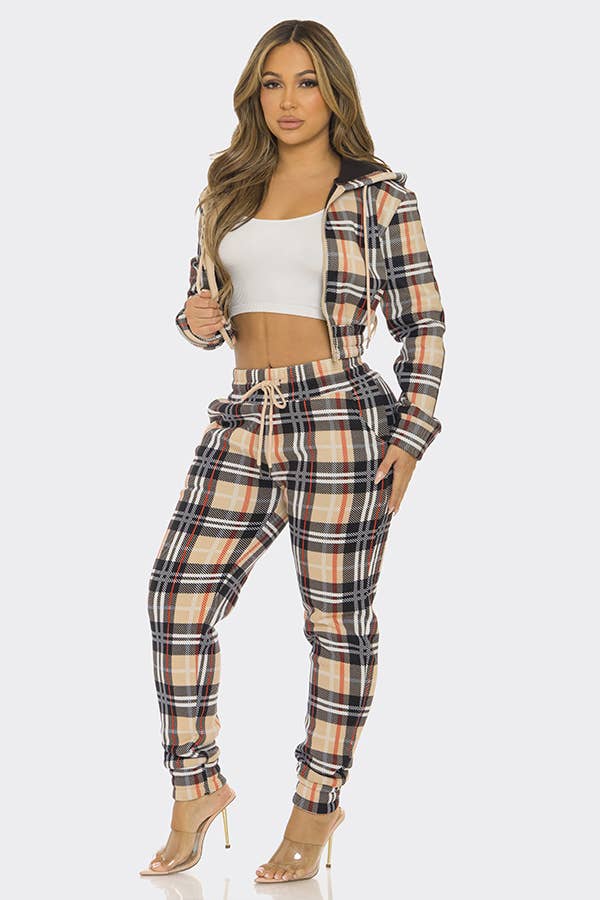 2 Pcs Plaid Zipper Hoodie Top and Jogger Pants Set