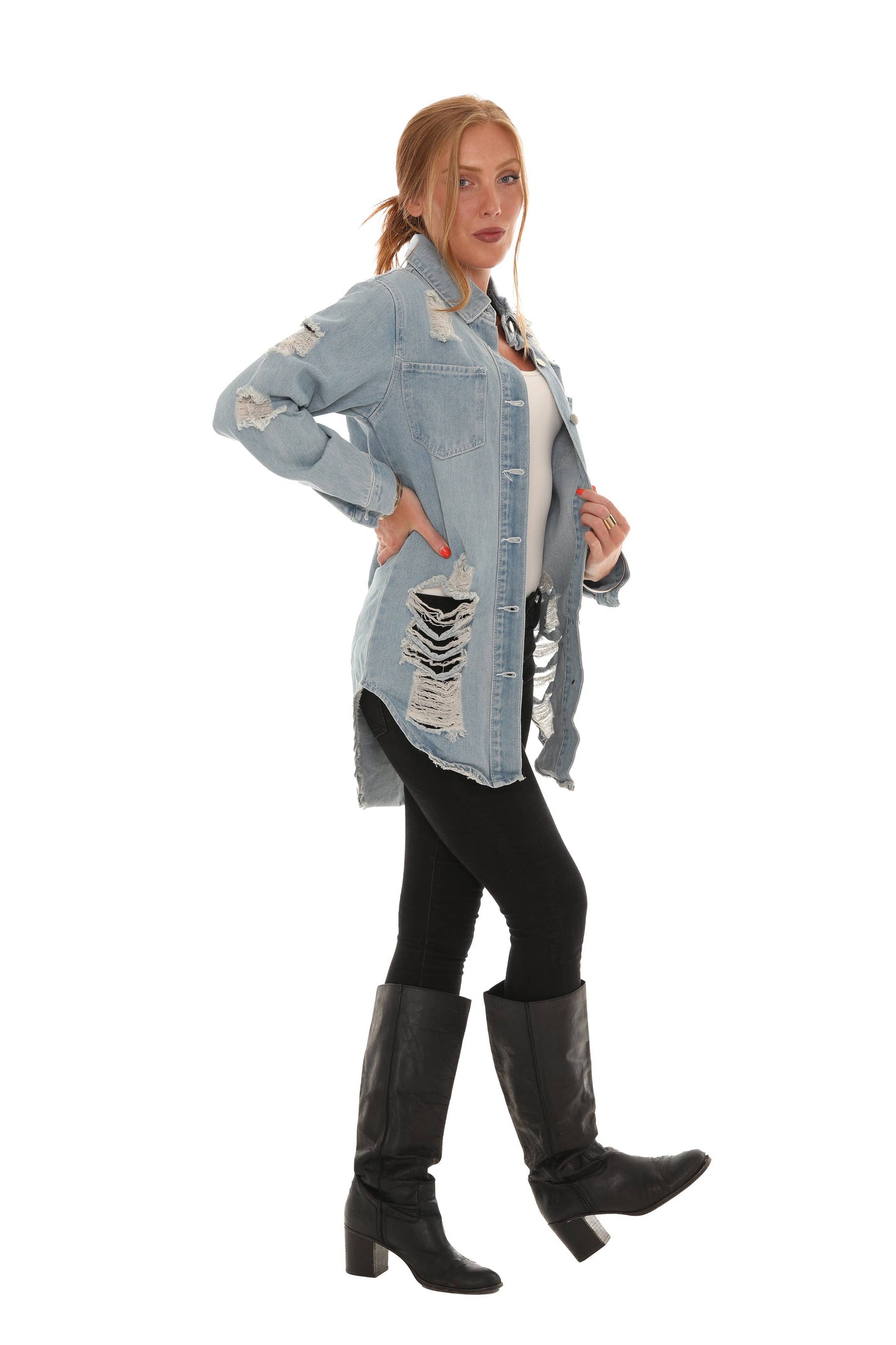 Distressed Denim Shirt: Light Denim / 1X