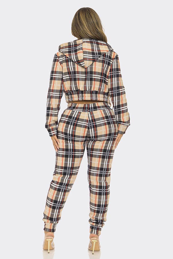 2 Pcs Plaid Zipper Hoodie Top and Jogger Pants Set