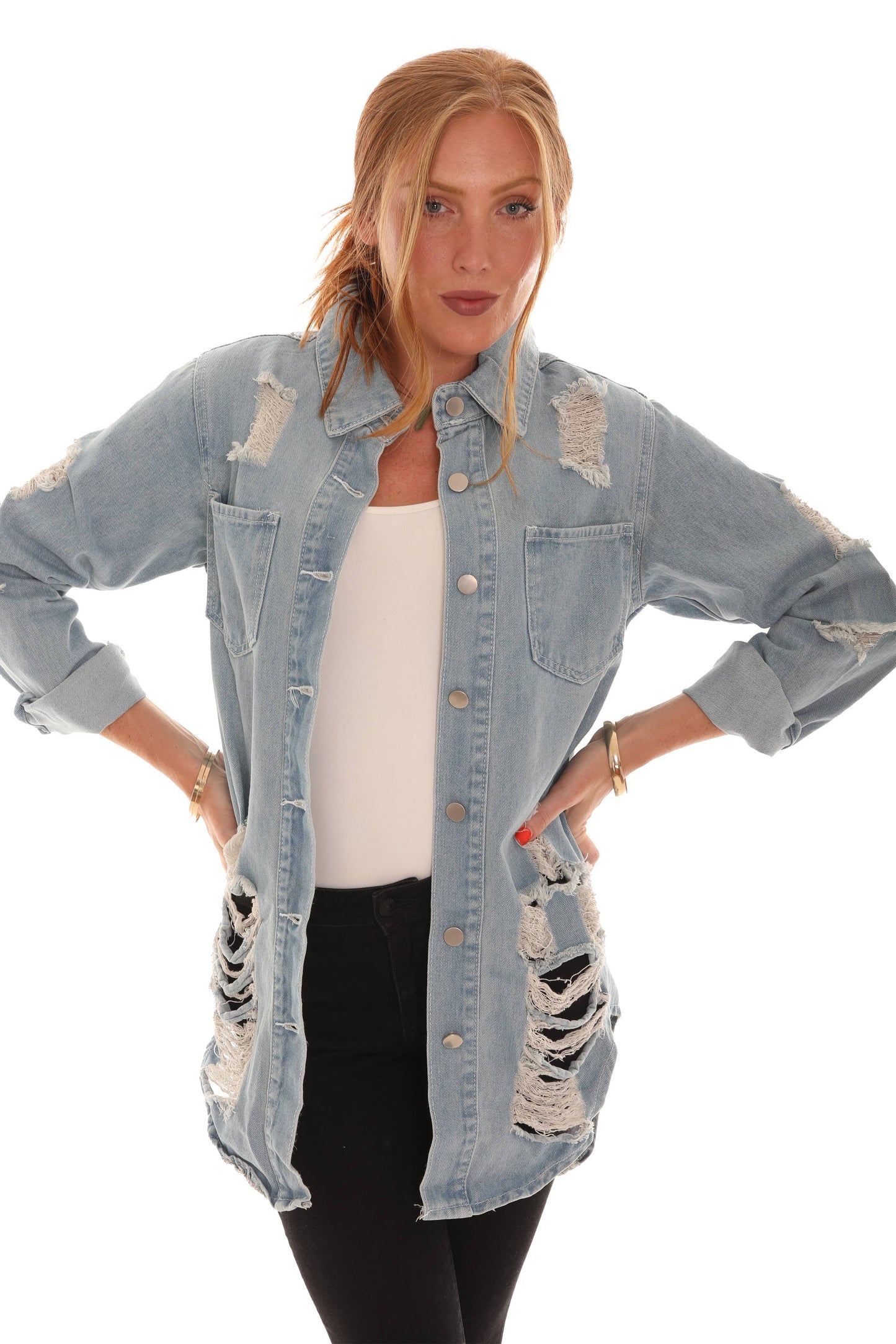 Distressed Denim Shirt: Light Denim / 1X