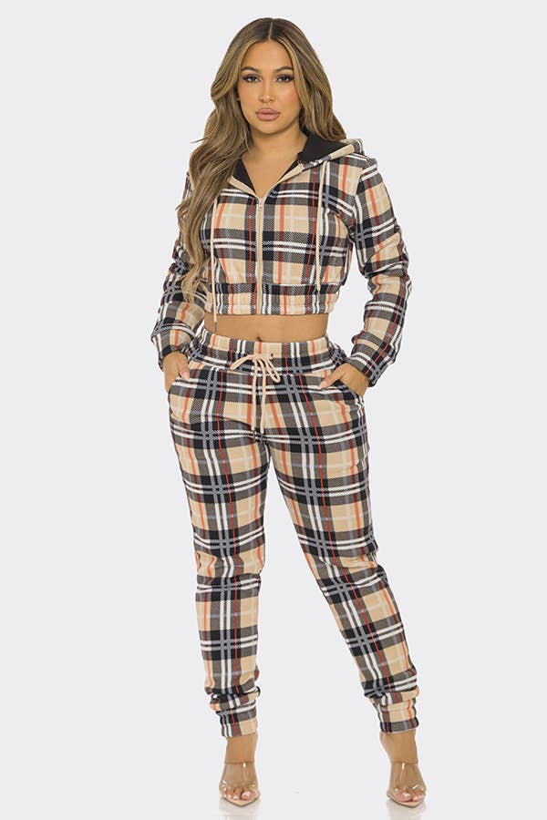 2 Pcs Plaid Zipper Hoodie Top and Jogger Pants Set